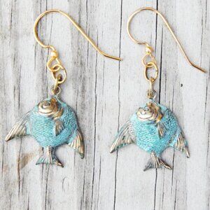 Elaine Coyne Collectible - VERDIGRIS PATINA BRASS TROPICAL FISH EARRINGS